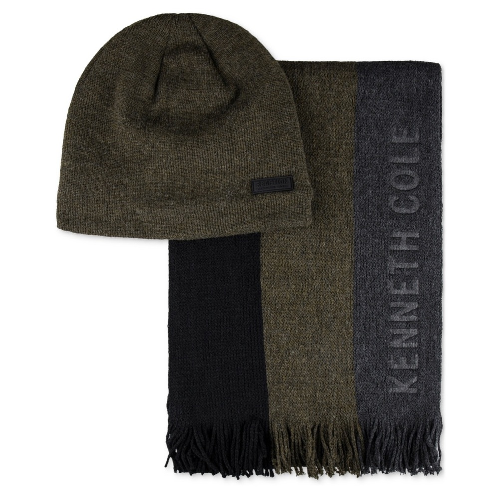 Kenneth Cole Reaction Olive  Men's Beanie and Striped Scarf Set, One Size
